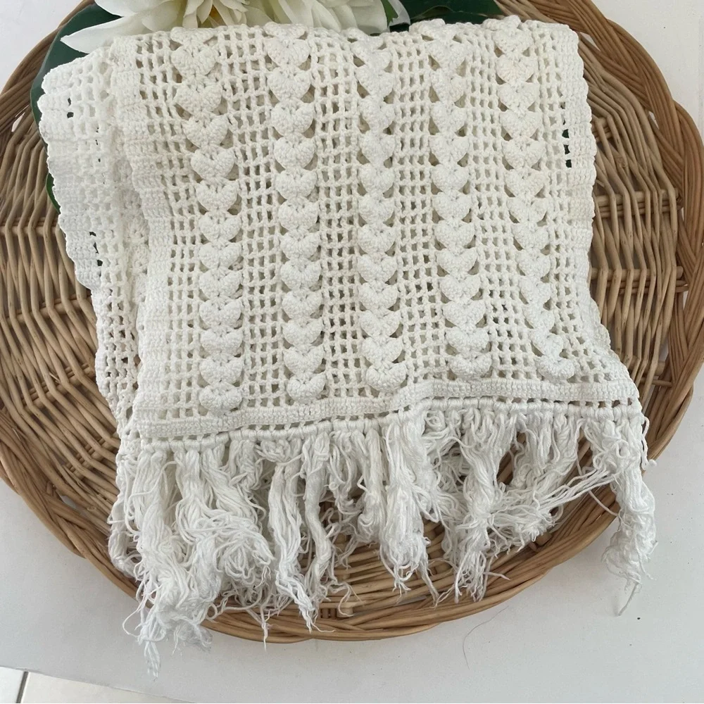 Bohemian handmade crochet scarf heart design fringed tassel detailing